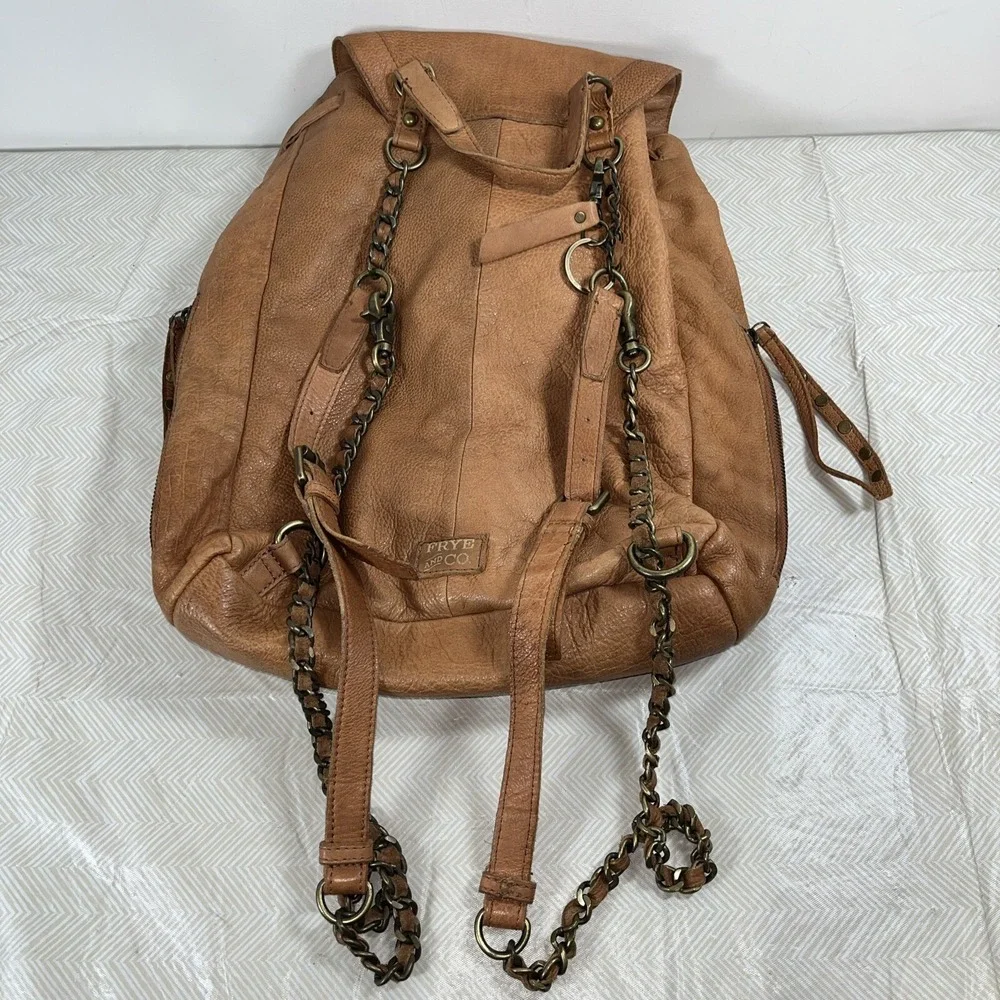 FRYE and Co Burnt Orange Chain Leather Backpack Purse FCH0038C Slouchy Casual